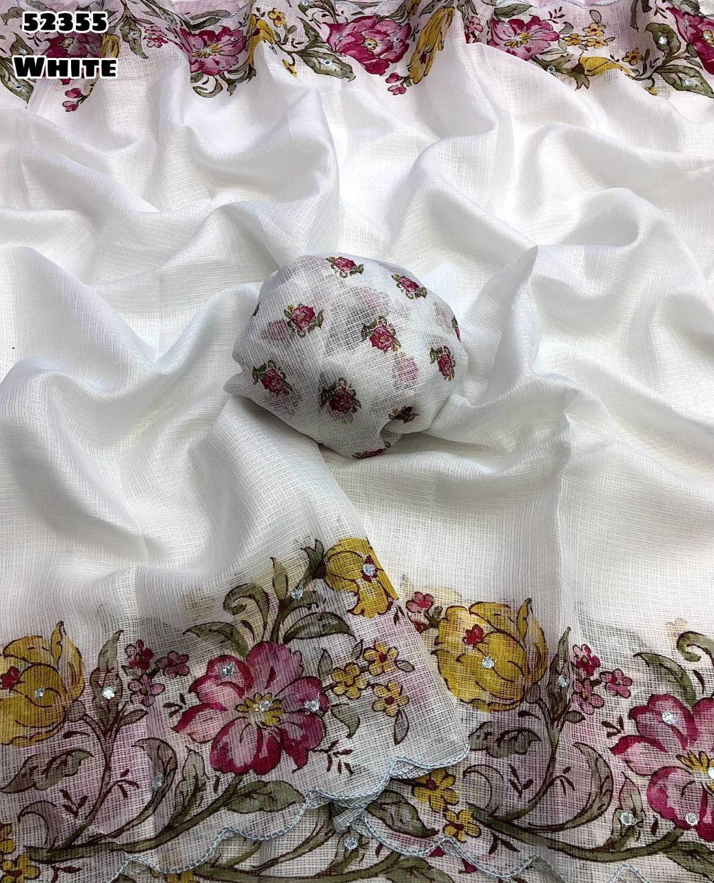 Soft Kota Chex Saree with Floral Digital Print & Foil Mirror Work