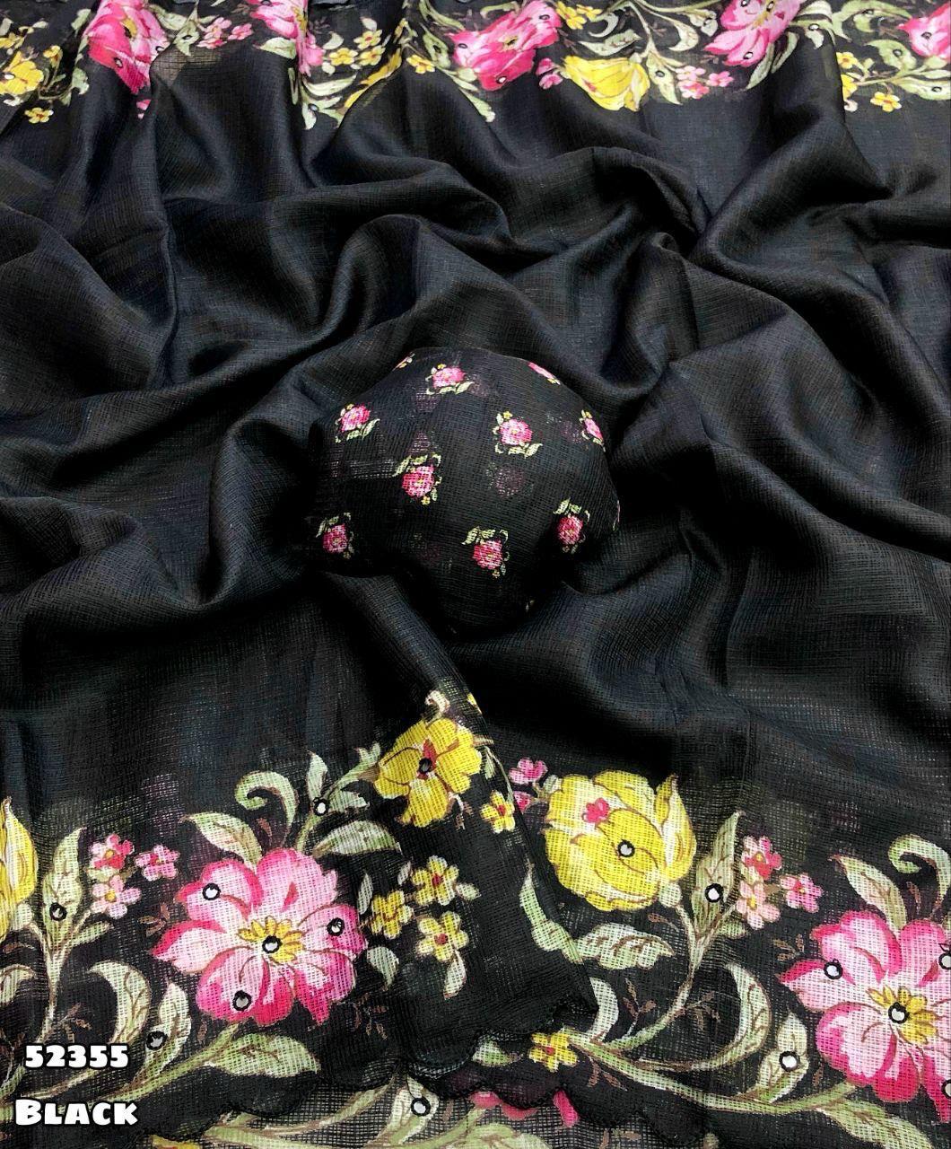 Soft Kota Chex Saree with Floral Digital Print &amp; Foil Mirror Work