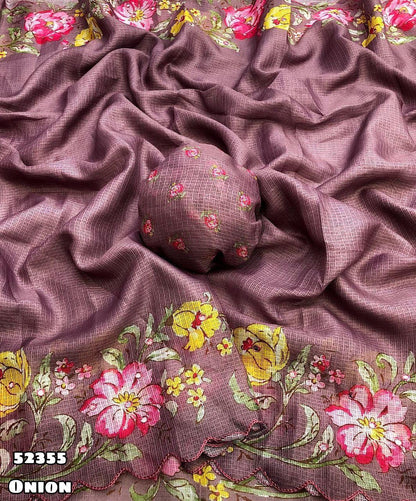 Soft Kota Chex Saree with Floral Digital Print &amp; Foil Mirror Work