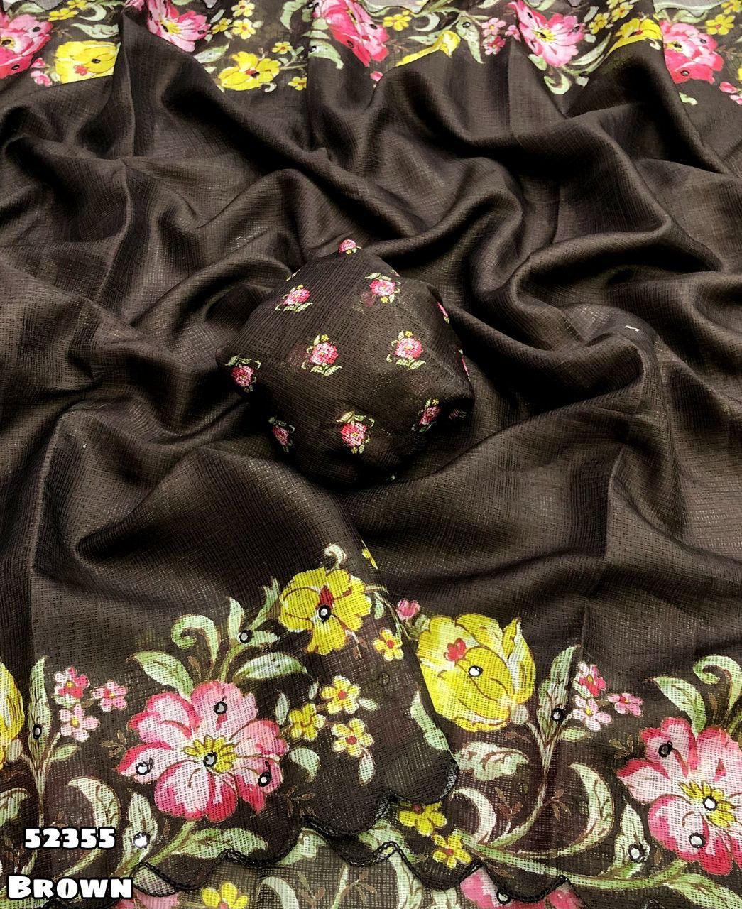 Soft Kota Chex Saree with Floral Digital Print &amp; Foil Mirror Work