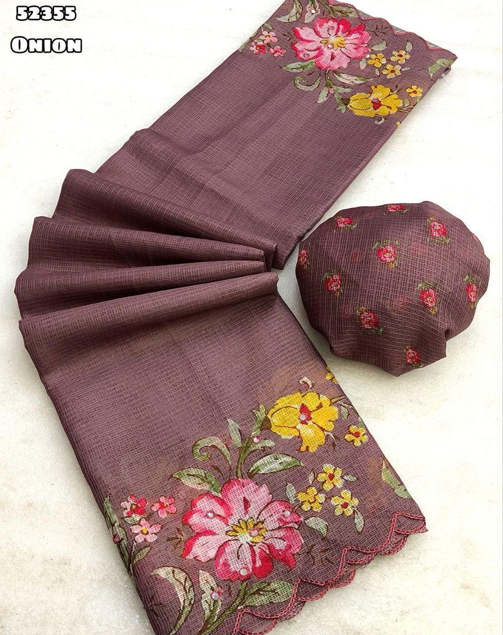 Soft Kota Chex Saree with Floral Digital Print &amp; Foil Mirror Work