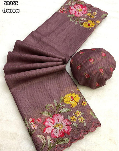 Soft Kota Chex Saree with Floral Digital Print &amp; Foil Mirror Work