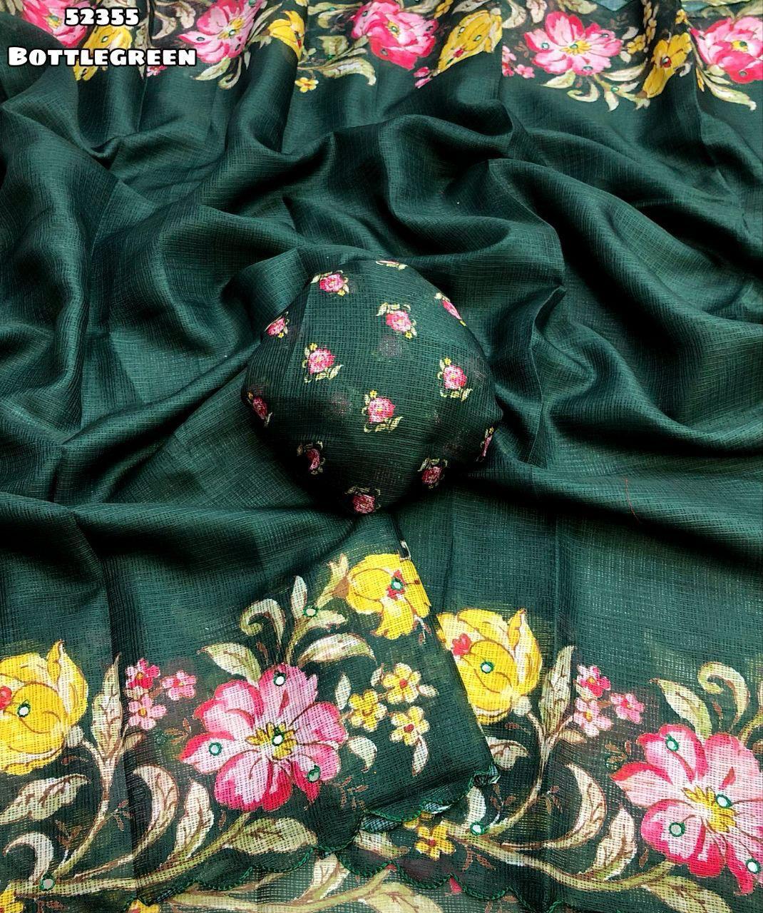Soft Kota Chex Saree with Floral Digital Print &amp; Foil Mirror Work
