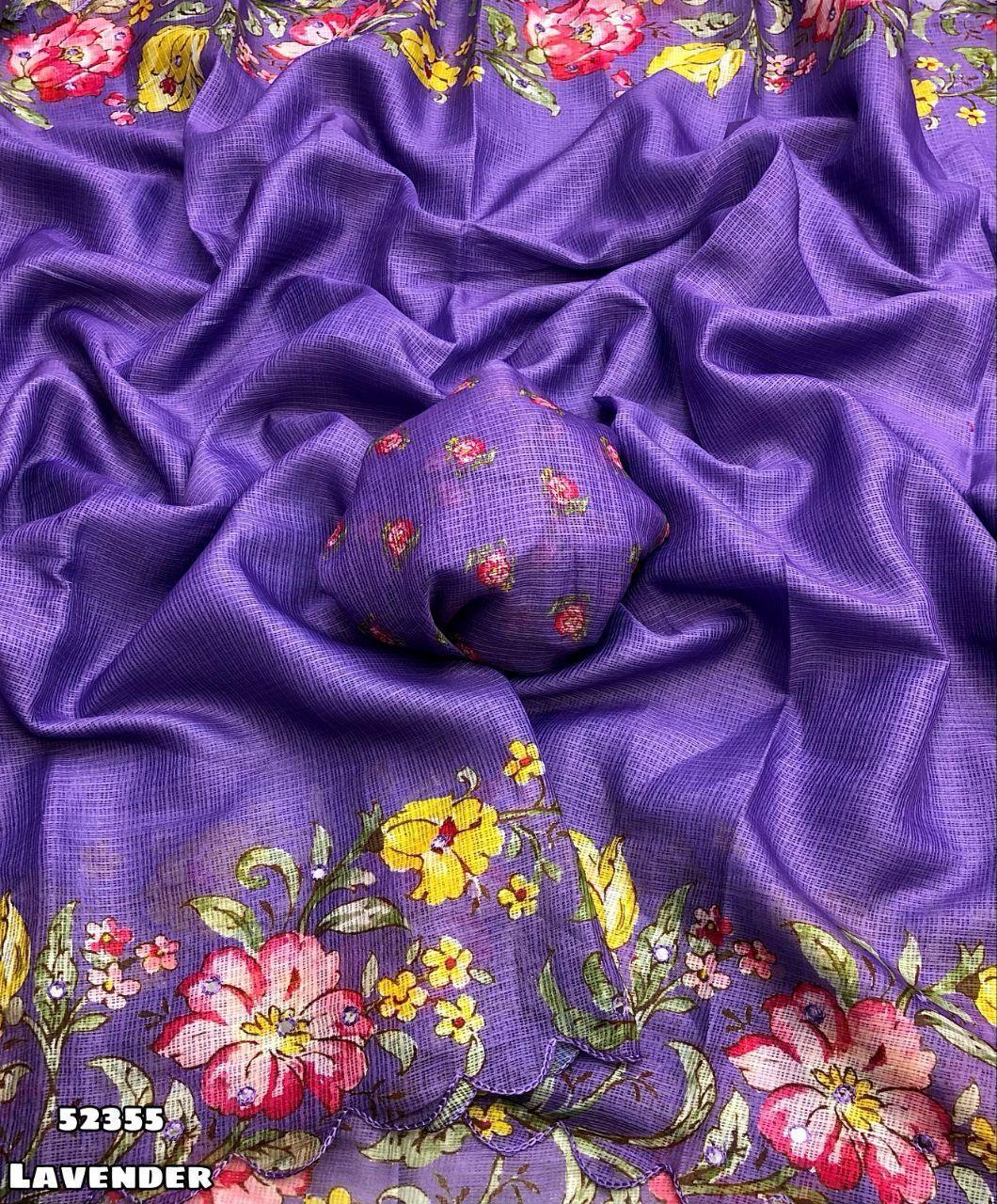 Soft Kota Chex Saree with Floral Digital Print &amp; Foil Mirror Work
