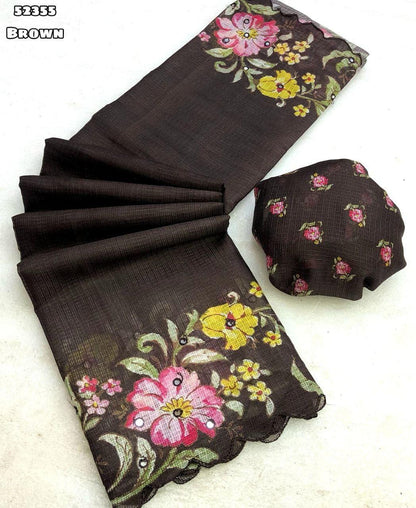 Soft Kota Chex Saree with Floral Digital Print &amp; Foil Mirror Work