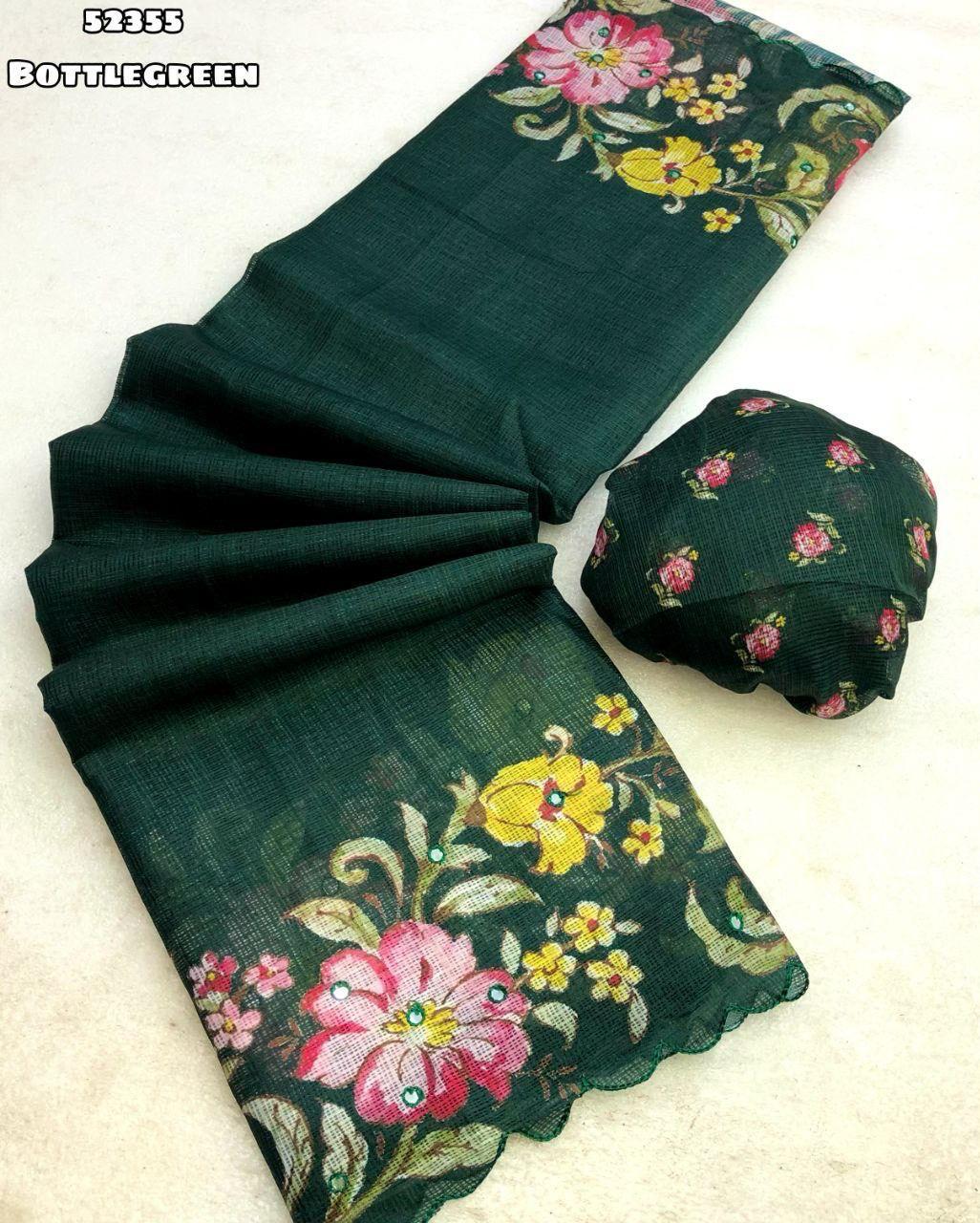 Soft Kota Chex Saree with Floral Digital Print &amp; Foil Mirror Work