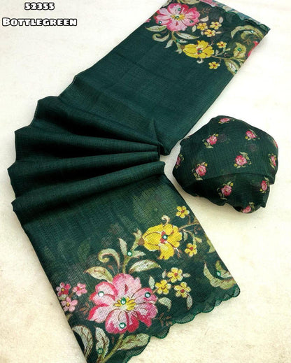 Soft Kota Chex Saree with Floral Digital Print &amp; Foil Mirror Work