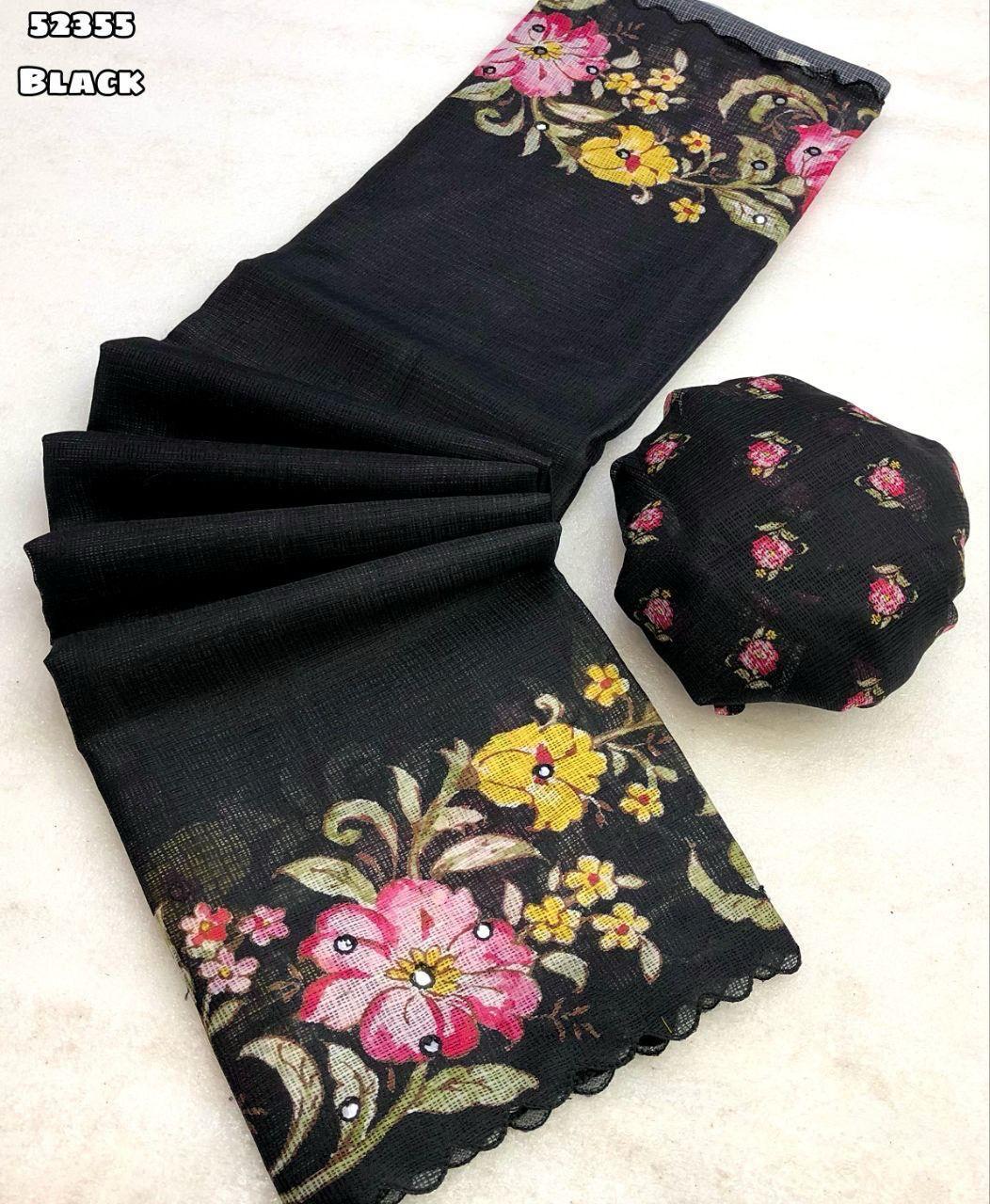 Soft Kota Chex Saree with Floral Digital Print &amp; Foil Mirror Work
