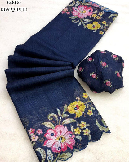 Soft Kota Chex Saree with Floral Digital Print &amp; Foil Mirror Work