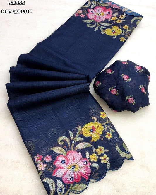 Soft Kota Chex Saree with Floral Digital Print &amp; Foil Mirror Work