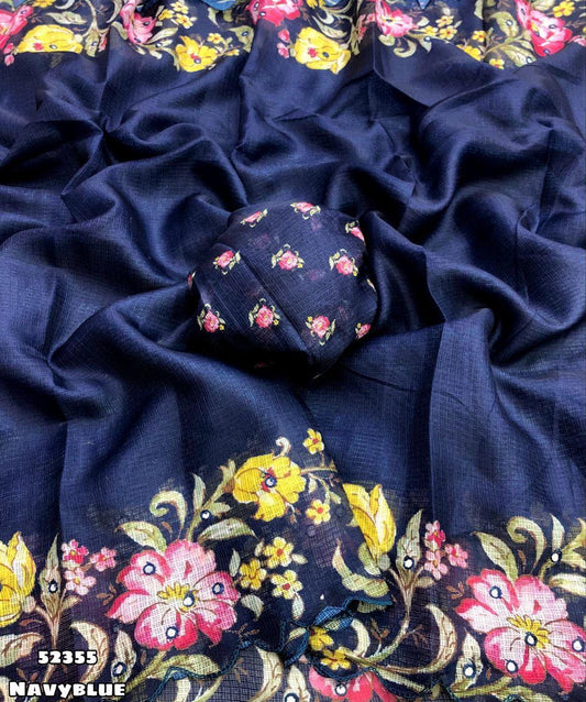 Soft Kota Chex Saree with Floral Digital Print &amp; Foil Mirror Work